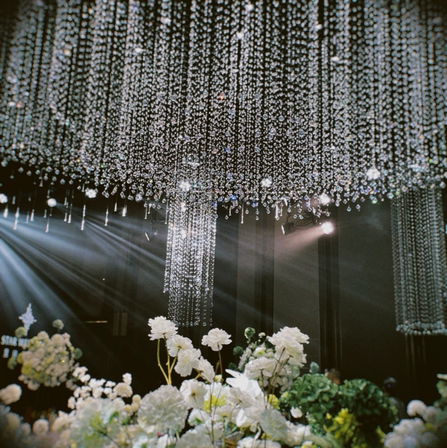 Cascading floral installation reception